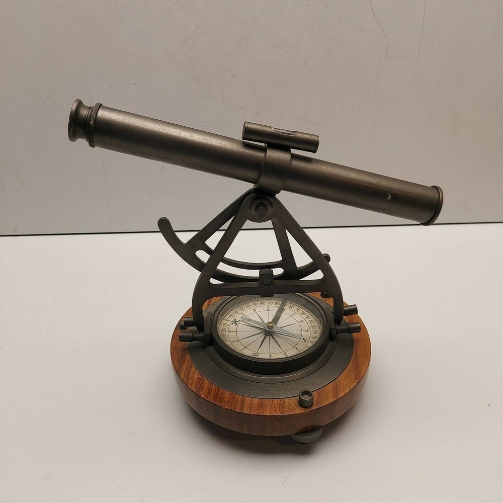 Alidade Compass Antique Brass 14" Wooden Base Decorative