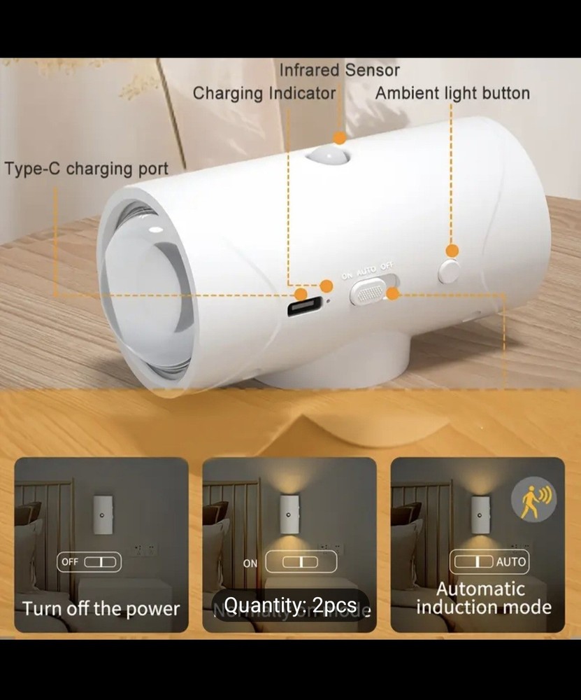 2pcs Rechargeable LED Night Light With Motion Sensor Wall Scone