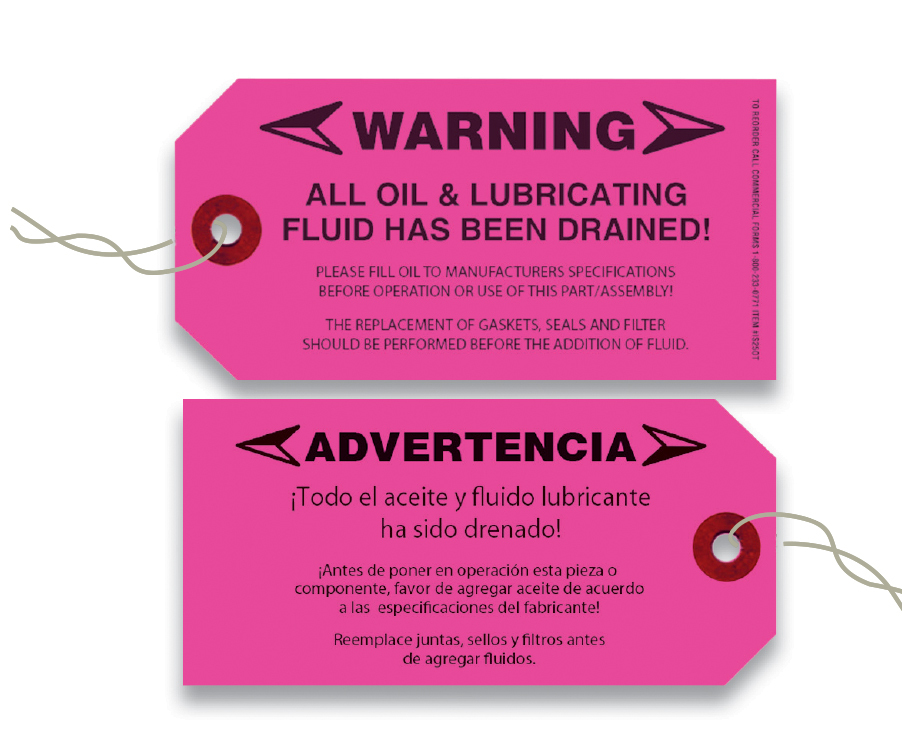 NO OIL WARNING TAGS 250 PER BOX WITH ATTACHED WIRES