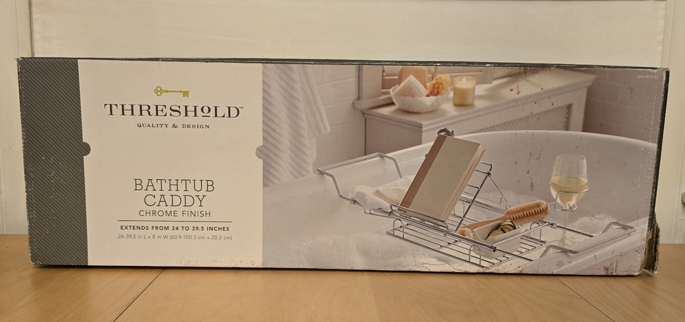 Threshold Chrome Finish Bathtub Caddy Tray w/ Adjustable Sides Extends 24-39.5"