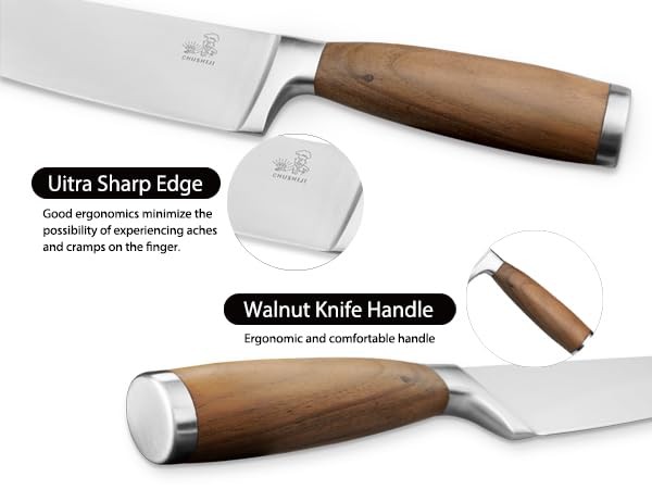 Block Set（Walnut handle）, 7-Piece Black Kitchen Set for Home, Anti-Rust Non-s...