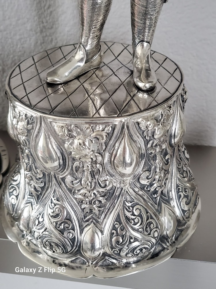 EXEPTIONAL PAIR EXTRA LARGE ANTIQUE HANAU GERMAN SILVER FIGURAL DECANTERS CA1880