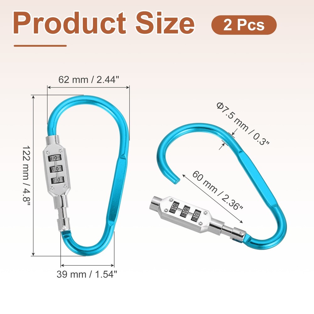 2 Pcs 4.8" x 2.4" D-Shaped 3-Digit Code Combination Lock D-Ring Clip, Light Blue