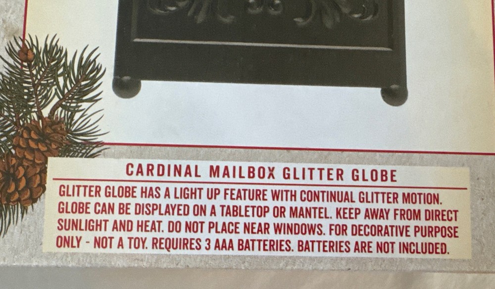 NIB Cracker Barrel Cardinal Mailbox Glitter Globe Christmas Light Up Motion
