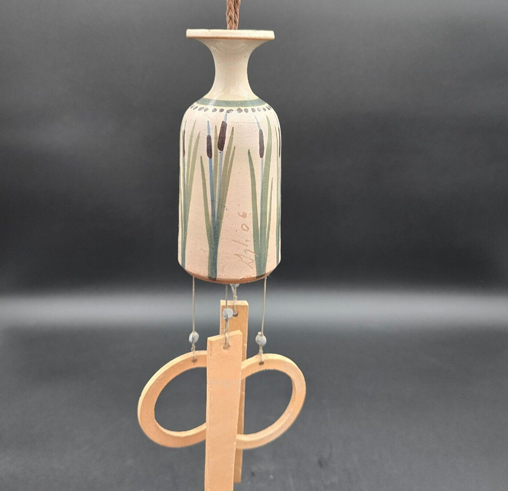 Studio Art Pottery Cattail Wind Chime Hand Made Signed Hand Painted Small