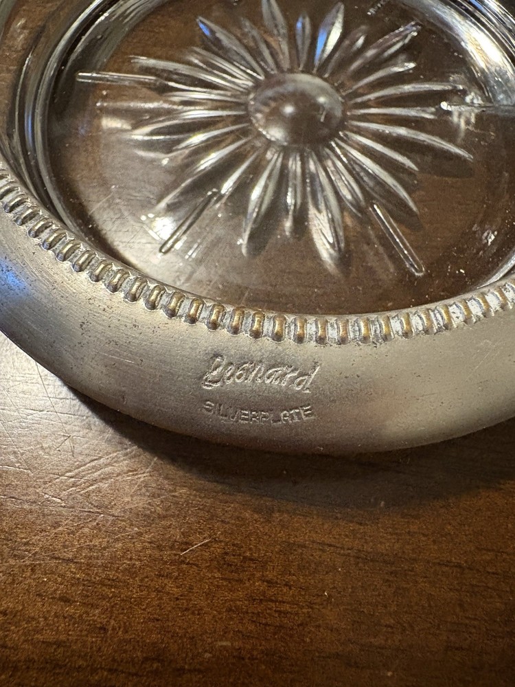 3 Vintage Leonard Silverplate and Glass Coaster Starburst Pattern