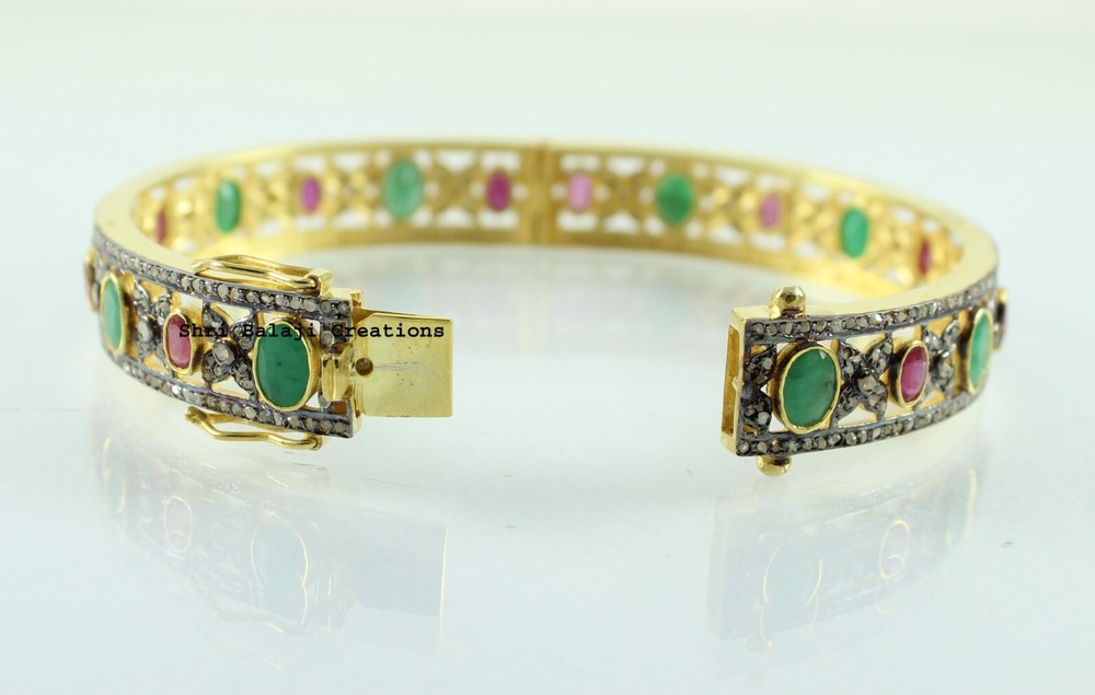 Bangle Natural Rosecut Diamond Emerald Ruby Gemstone 925 Sterling Silver Bangle