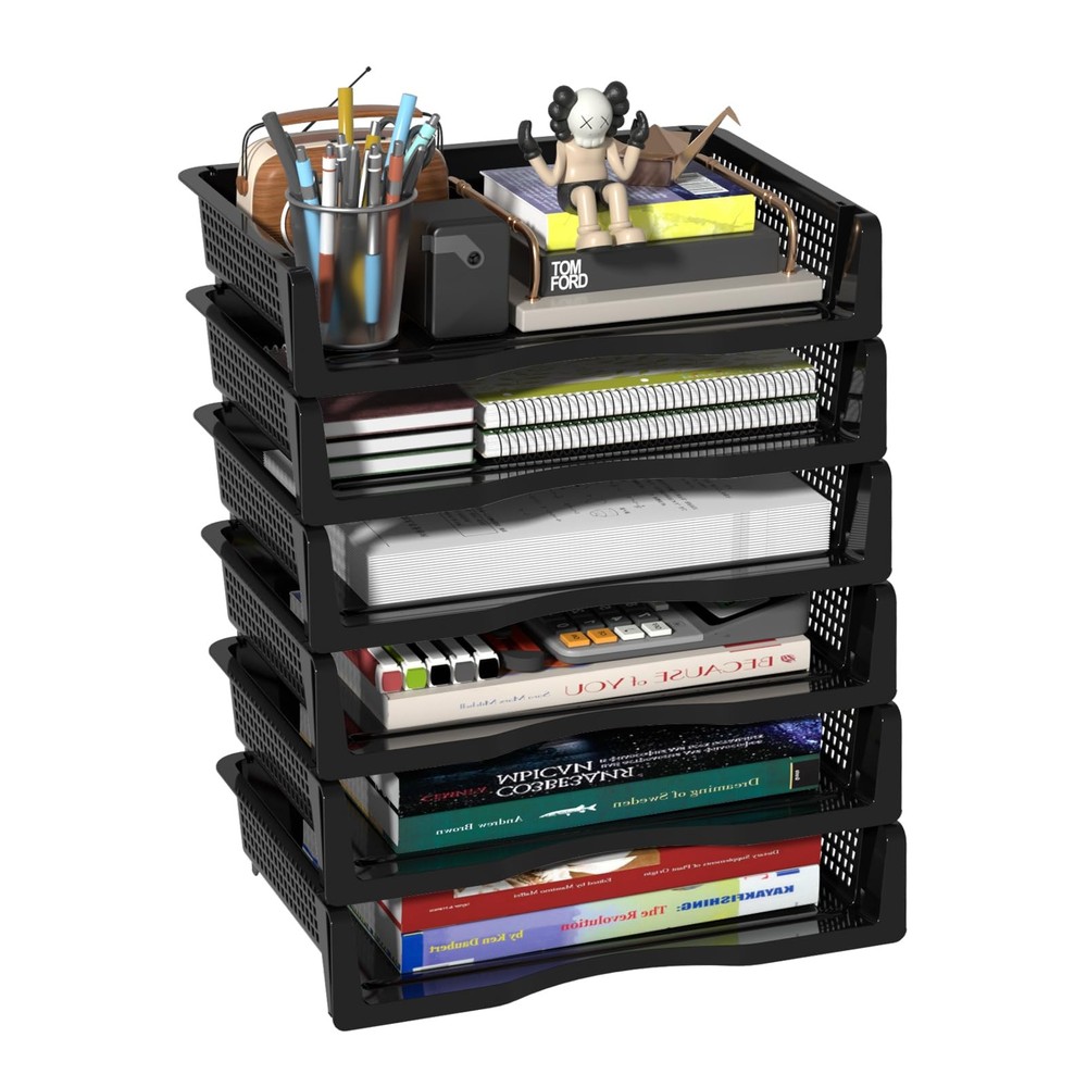6 Pack Office Stackable Letter Tray, Plastic Stackable Paper Storage Basket T...