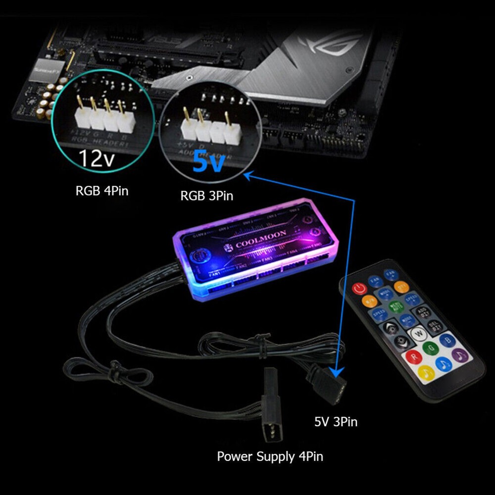12V PC Cooling Fan Hub RGB ARGB Controller Remote Control Computer Case Adapter