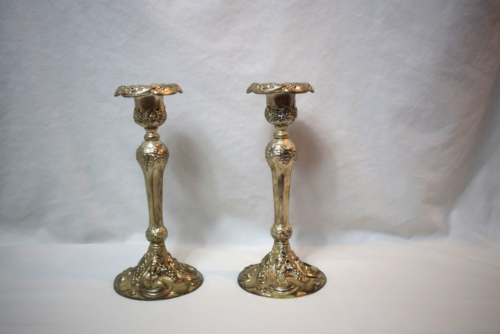 Vintage Pair Godinger Silver Plated Candlestick Holders Embossed Grapes