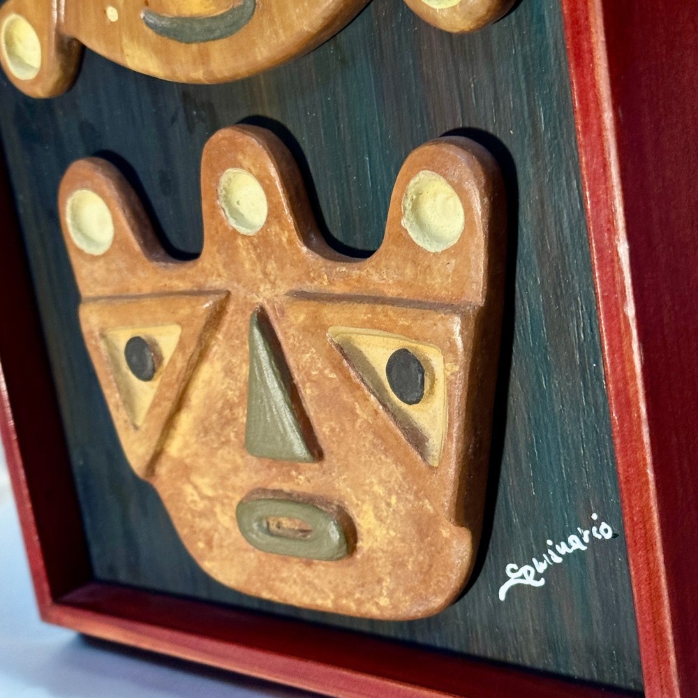 Peruvian Seminario Ceramicas Mask Wall Art Framed Cusco Peru Signed Ceramic