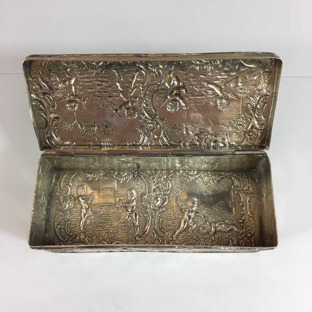 Antique German Hanau Pseudo Embossed Cherubs Playing Solid Silver Box 12cm Wide
