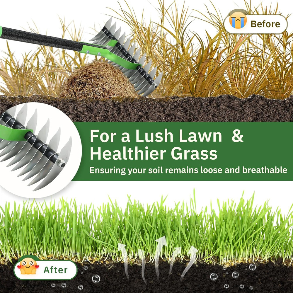 Thatch Rake, 13" Wide Efficient Dethatcher Rake with 70" Adjustable Long Handle,