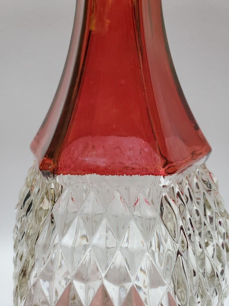 Vintage Indiana Glass, Ruby Flashed Diamond Point Clear Decanter, Cork Stopper