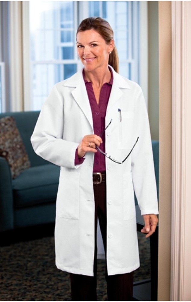 Small, Fabric-Repaired, White Unisex Lab Coat, 4-Button Front, 3-Pockets, 41”