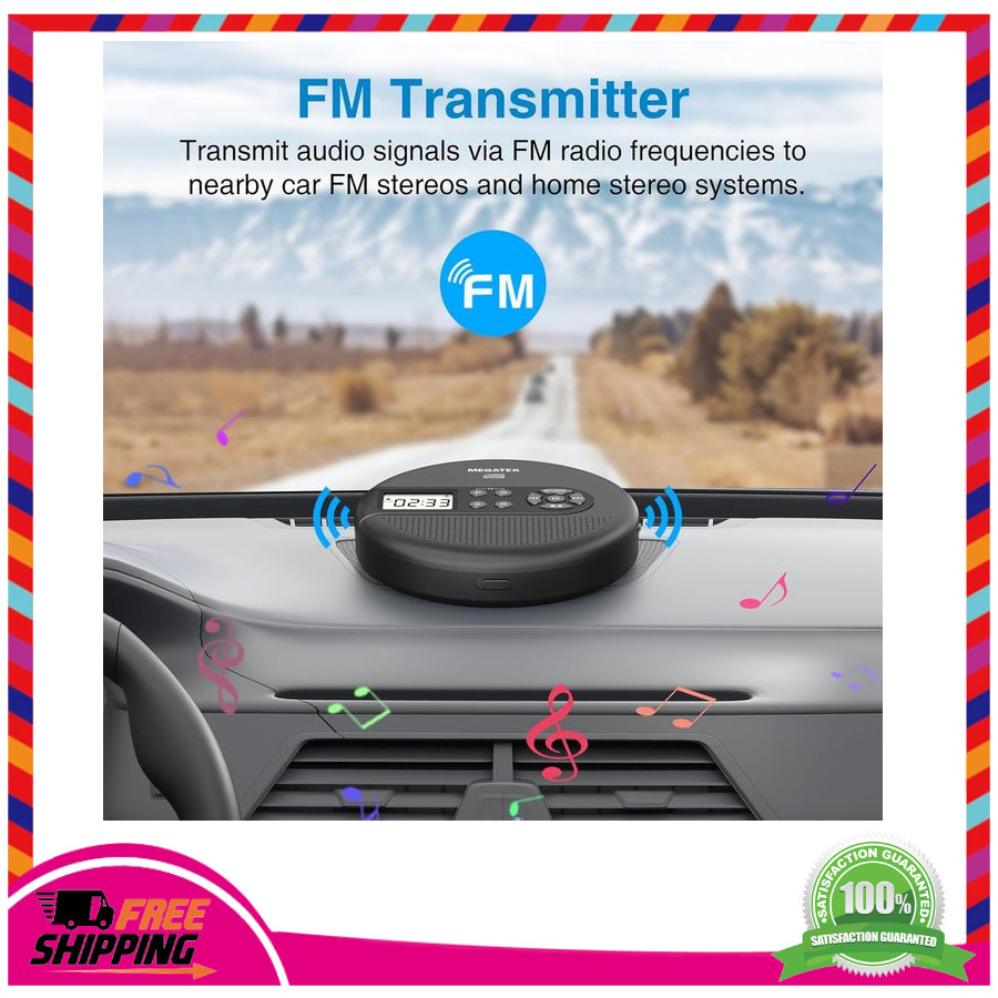 MEGATEK Portable CD Player Bluetooth for Car FM Transmitter Rechargeable Black