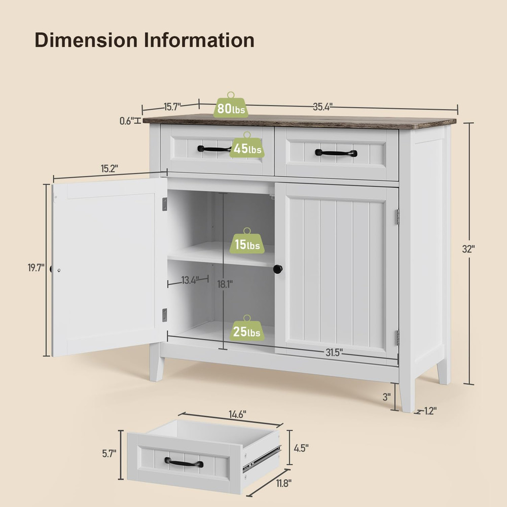 Kitchen Sideboard Buffet Cabinet, 32'' H Large Kitchen Storage Island and Adjust
