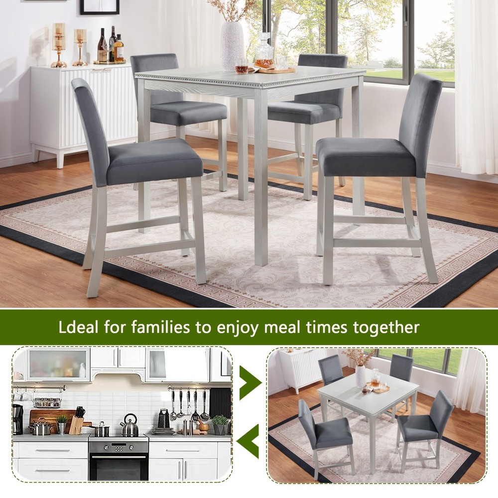 Modern 5 Piece Dining Table Set Wood Square Dining Table & 4 Chairs Silver Gray