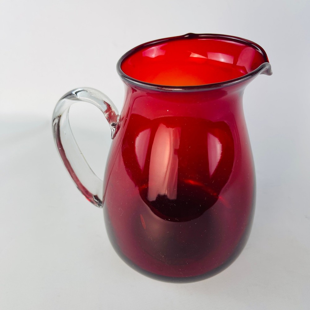 Hand Blown Art Glass Water Pitcher Ruby Red / Cranberry 7” Applied Handle
