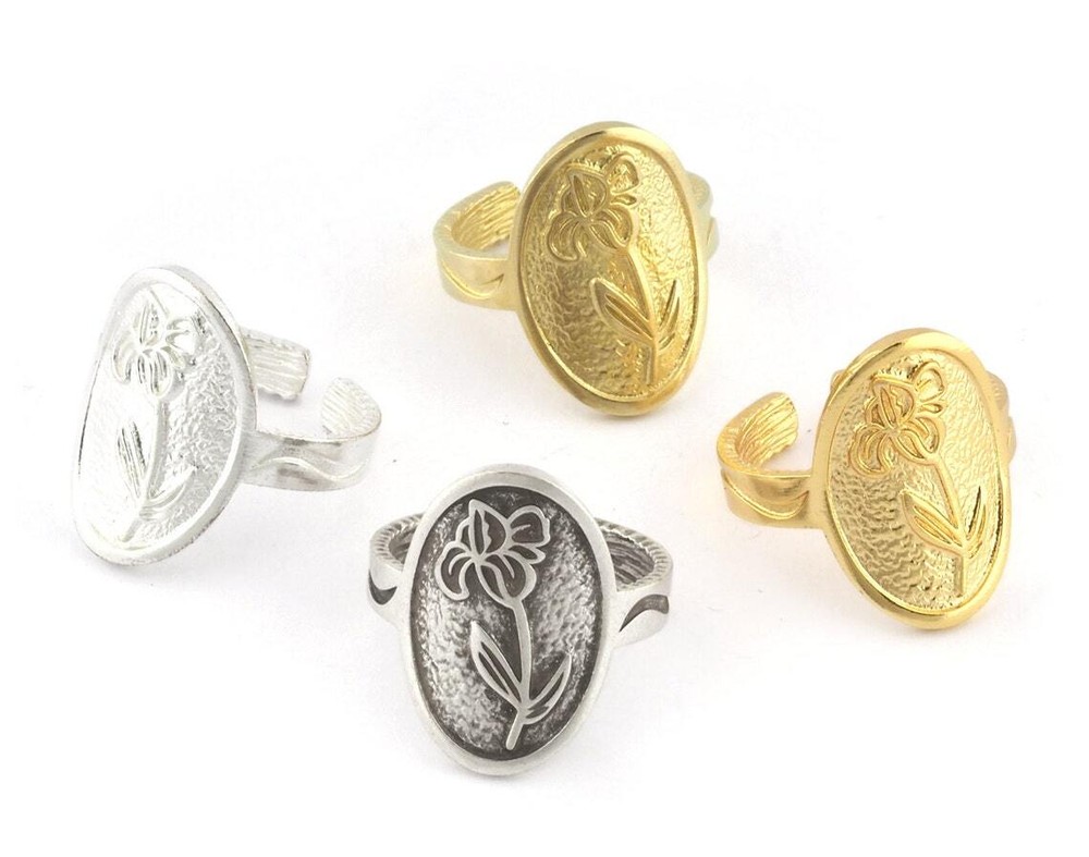 Birth Monthly Flower (February Iris) Adjustable Ring Raw Solid Brass 8us 5321