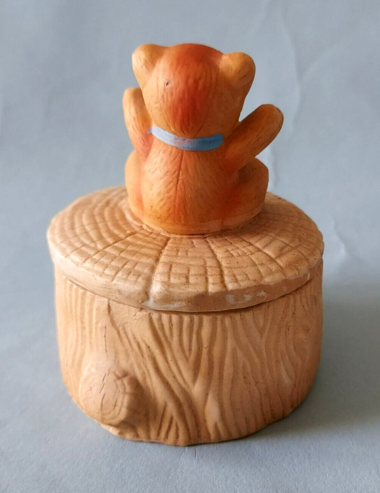 Teddy Bear on Log Small Trinket Stash Box Hand Painted Ceramic 4"