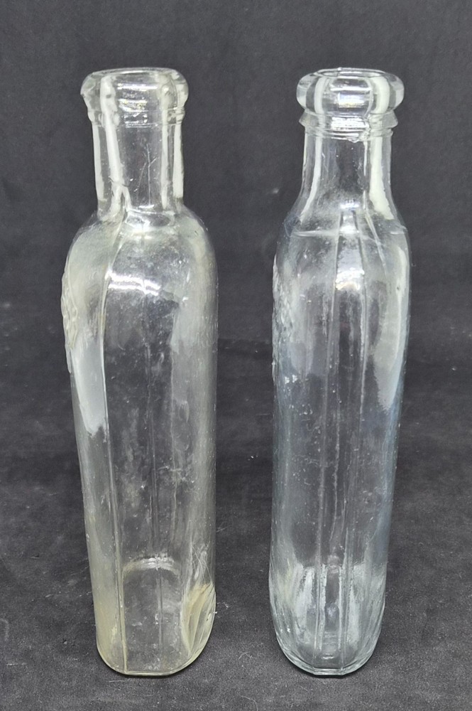 (2) 1880's WARRANTED FLASK HALF PINT STRAP SIDE WHISKEY FLASKS APPLIED TOPS NICE