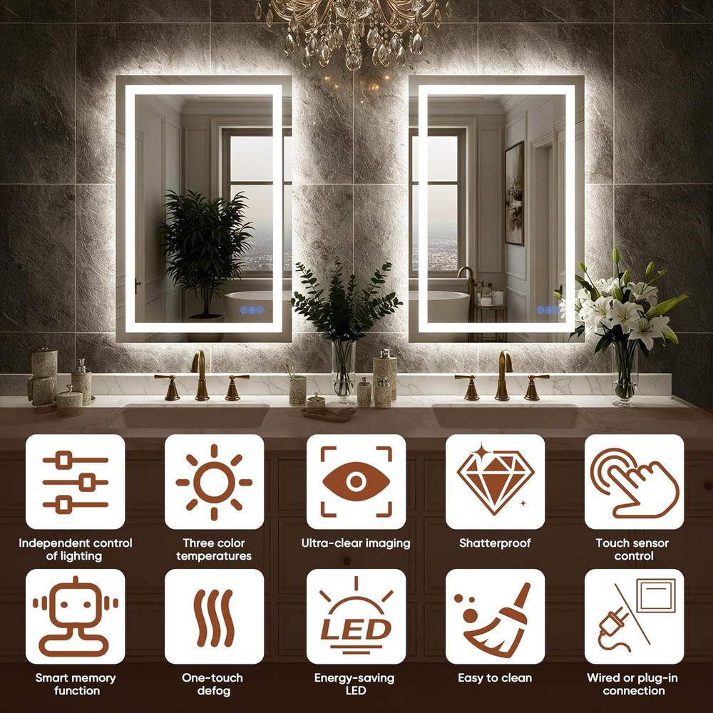24"x32" LED Wall-Mounted Bathroom Mirror - Lighted & Dimmable Design