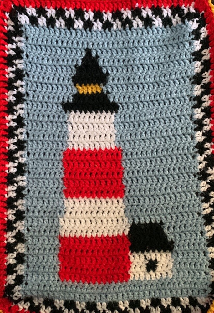 Handmade Nautical Theme Multicolored Lighthouse Patten Crochet Throw Blanket