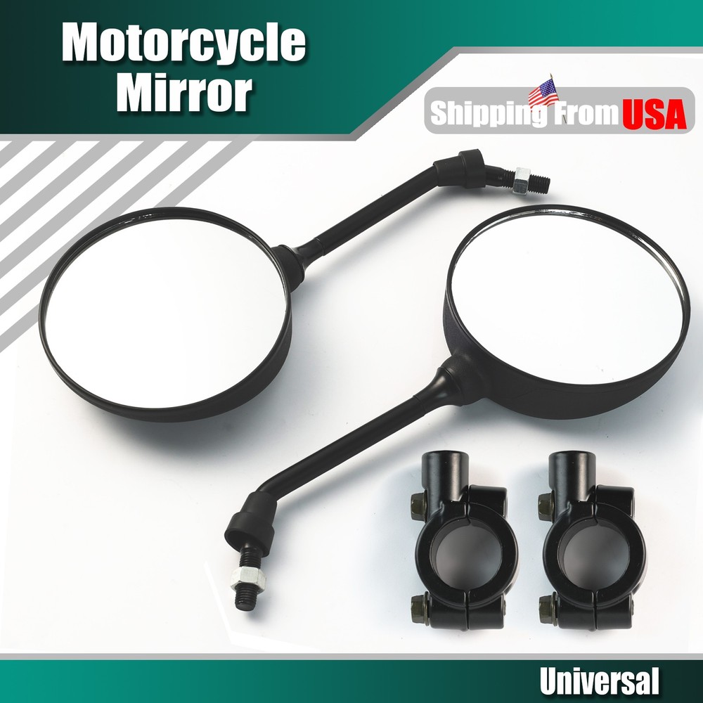Pair Universal Round Long Stem Motorcycle Mirrors 10mm Black Left + Right
