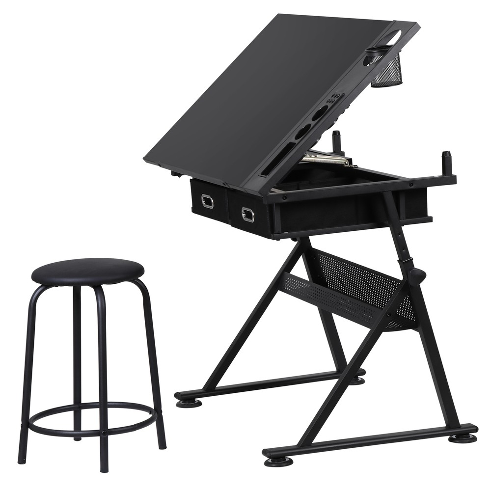 Drafting Desk Drawing Table 9 Levels Adjustable angle w/ Stool Arts Crafts Black