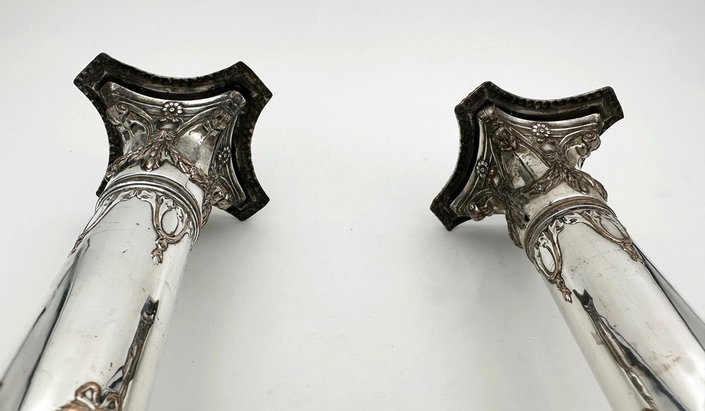 PAIR GEORGE III COLUMN CANDLESTICKS OLD SHEFFIELD PLATE c1780