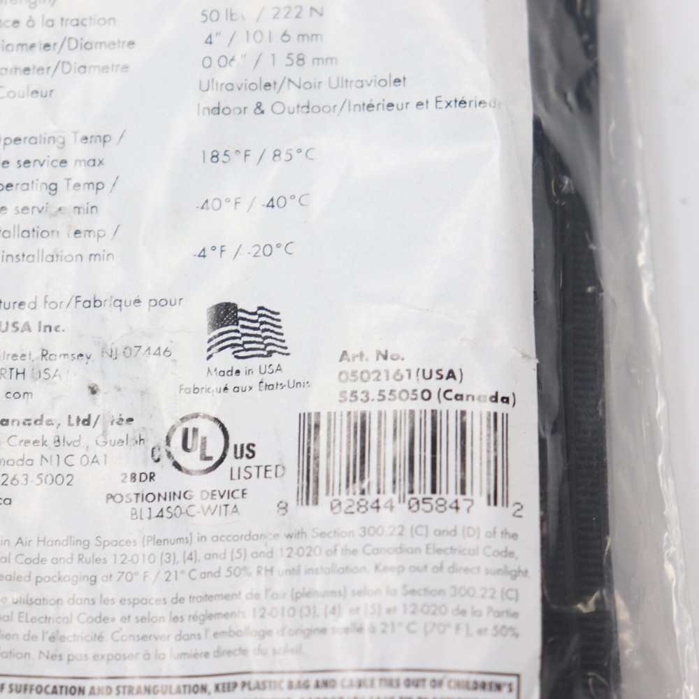 (100-Pk) Wurth Cable Ties Strap Re-Usable Black 14" 0502161