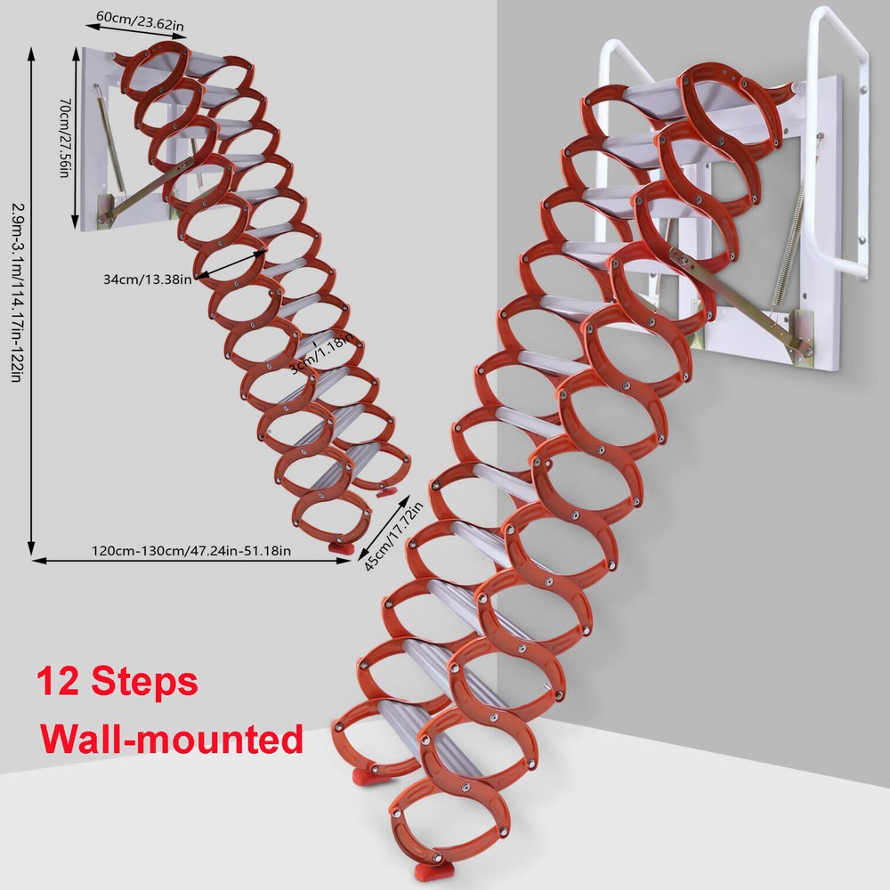 12 Steps Attic Stairs Wall Mounted Folding Ladder Stairs Loft Steps Stairs Pull