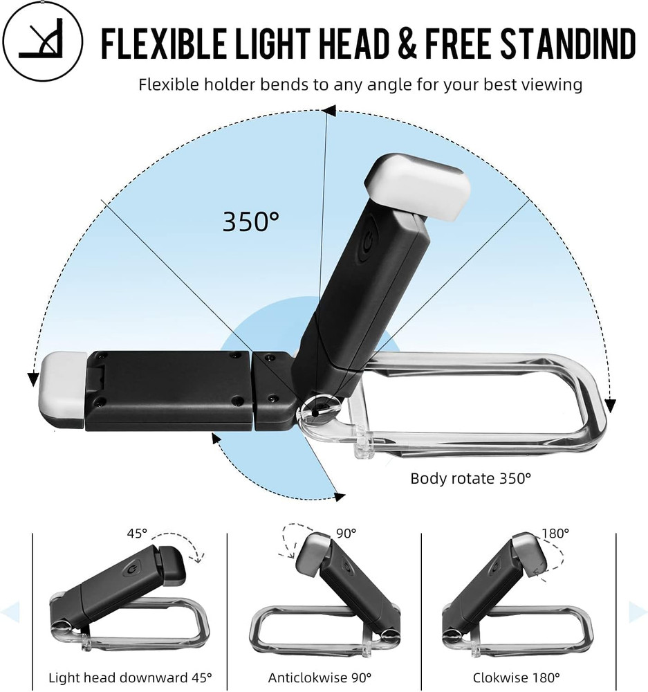 EGWASER USB Rechargeable LED Clip-On Book Light with Adjustable Brightness