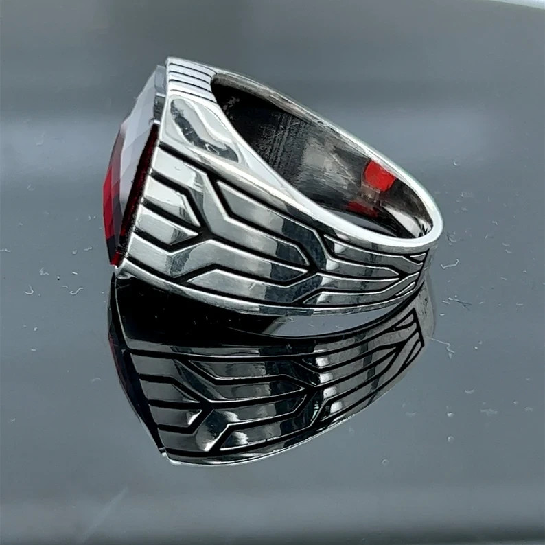 Men Ruby Red Stone Ring 925 Sterling Silver Ottoman Handmade Gift For Him