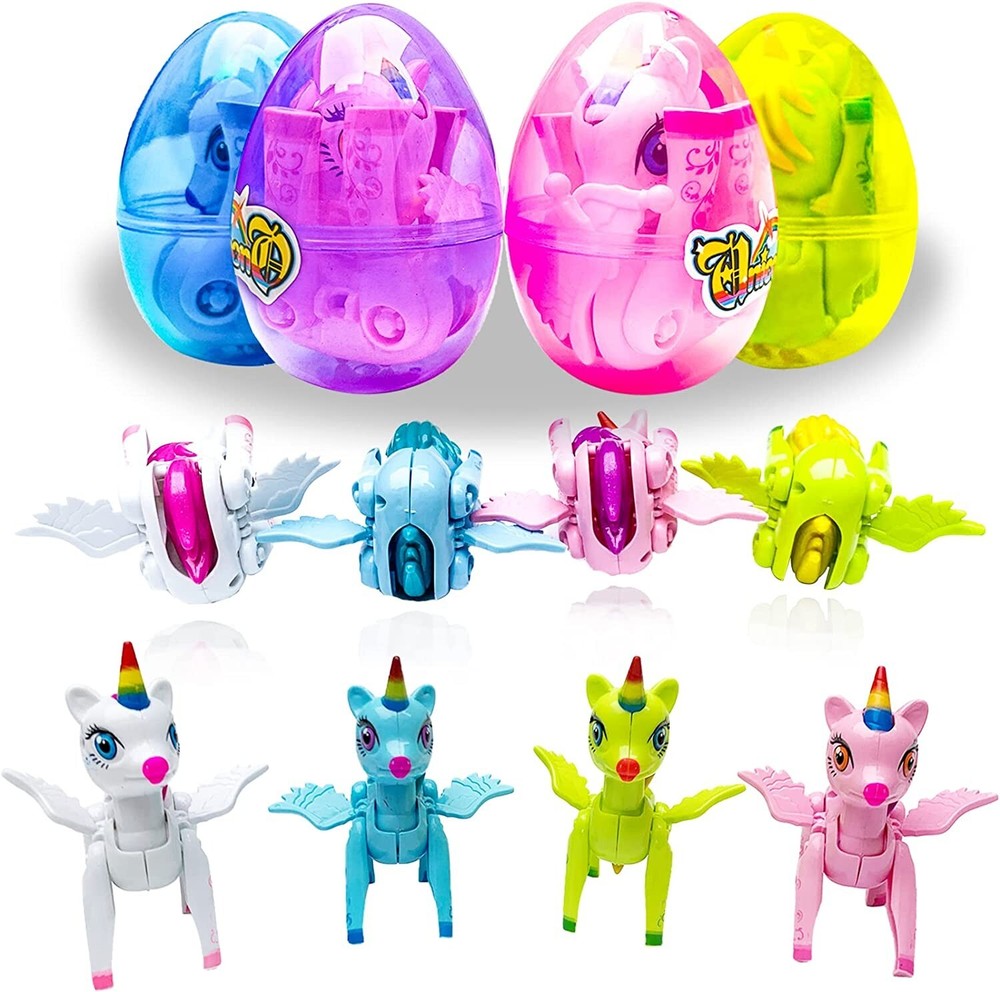 Easter Eggs with Toys Prefilled 4 3/8" Plastic Easter Eggs Filled Unicorn 4 Pack