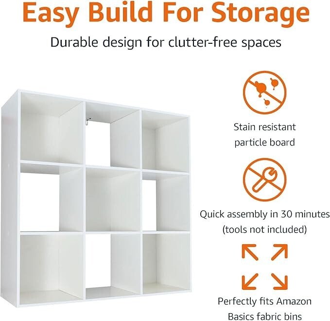 Basics Storage Cube Shelf Organizer, 9 Cubes, White