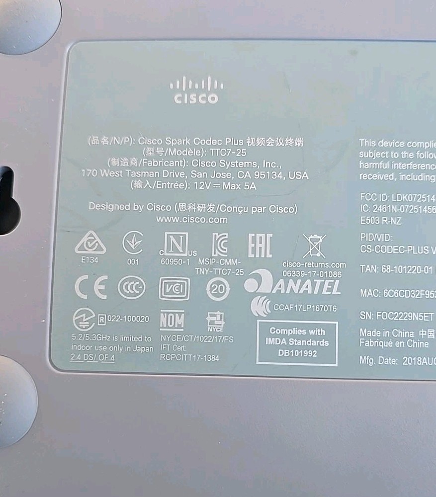 Cisco Spark Codec Plus TTC7-25 Webex Codec Plus