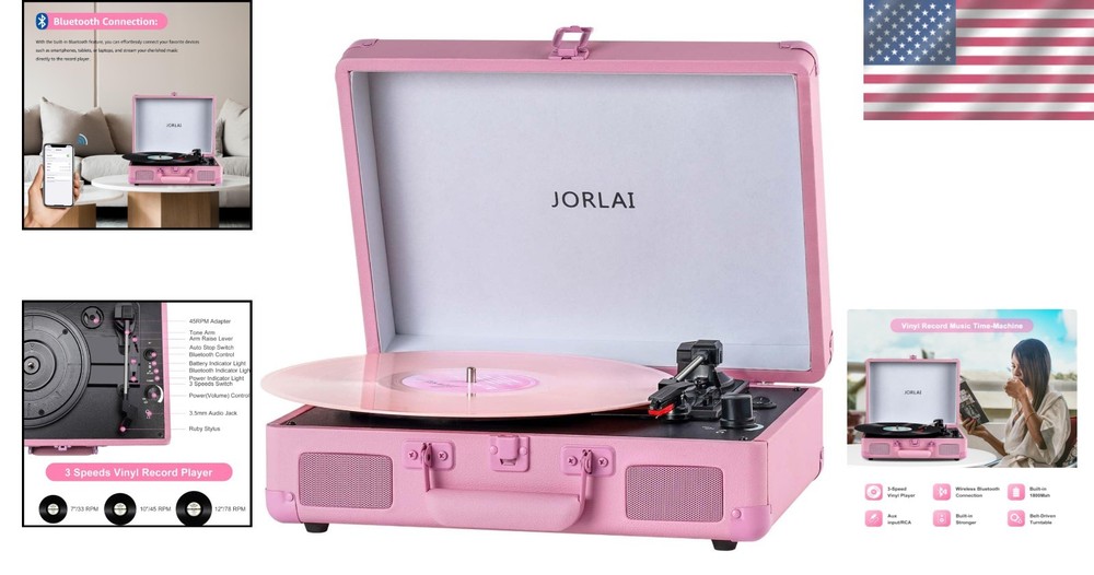 Rechargeable Battery Vintage Suitcase Record Player with Bluetooth Connectivity
