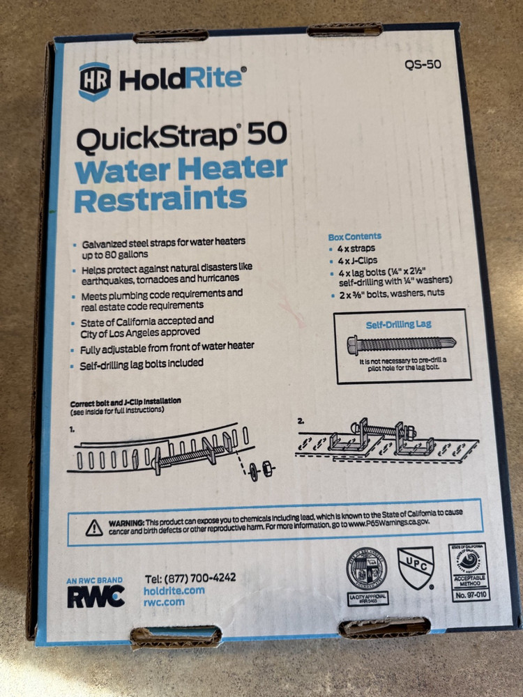 NEW HoldRite QuickStrap QS 50-D Water Heater Restraints - Rated Up To 80 Gallon