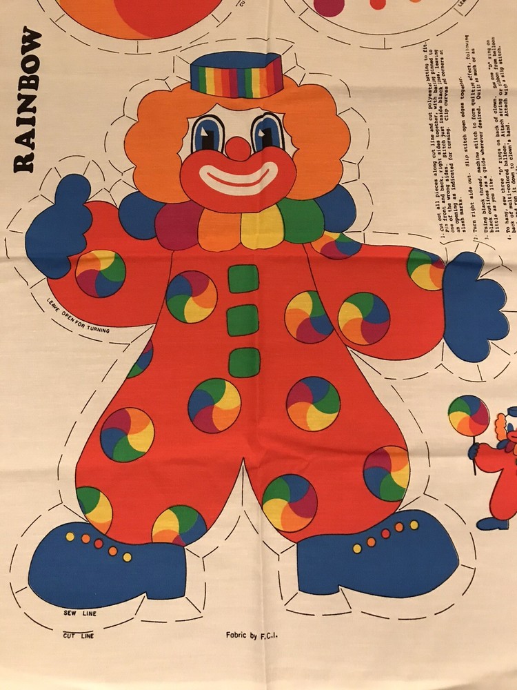 vintage rainbow the clown fabric doll panel