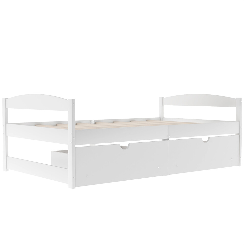 Twin Size Platform Bed Two Drawers White Solid Wood Frame Simple Single-layer
