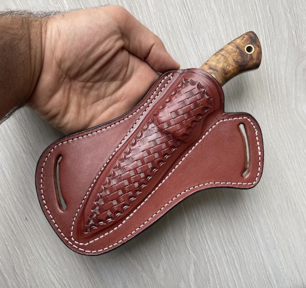 Brown LEATHER ENGRAVED PANCAKE Fixed Blade Knife Belt Sheath Folding Tool Case