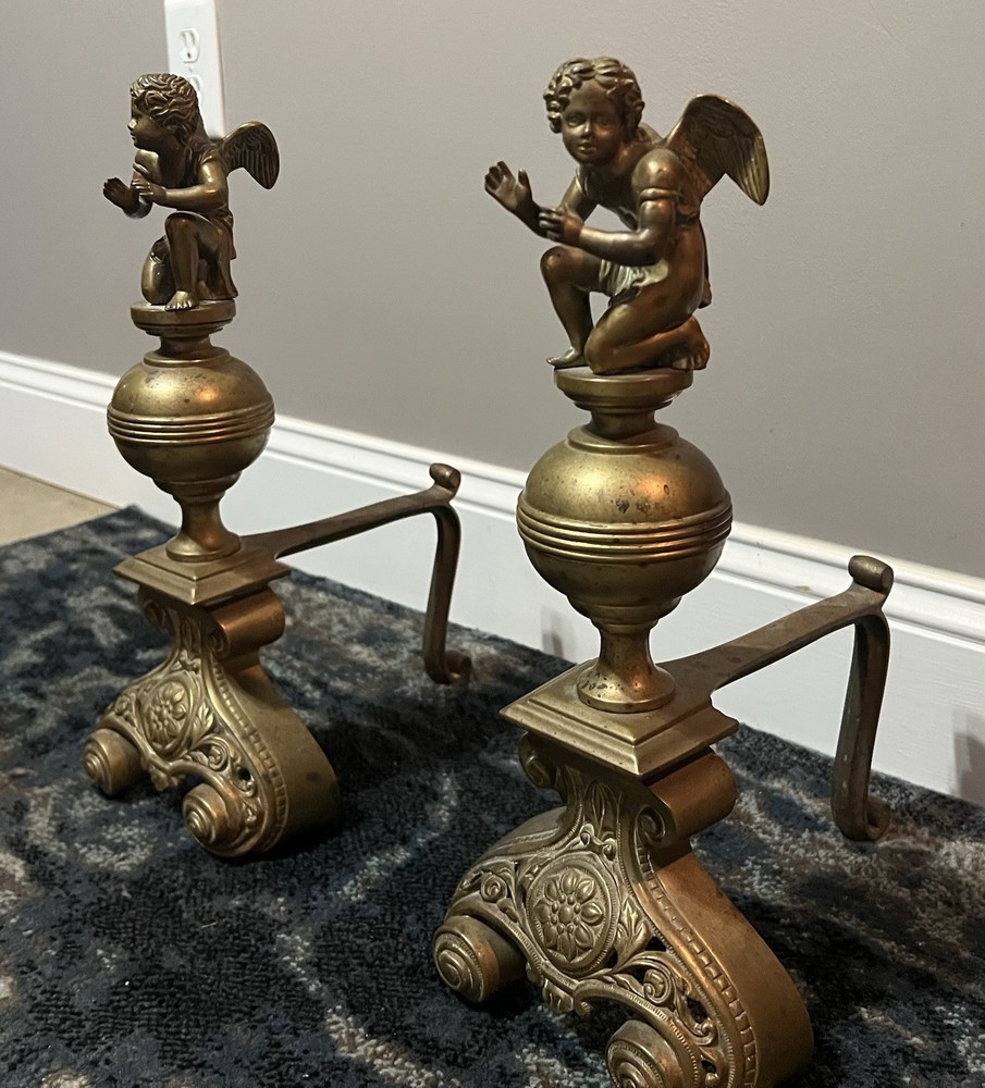 Victorian Brass Cherub Andirons