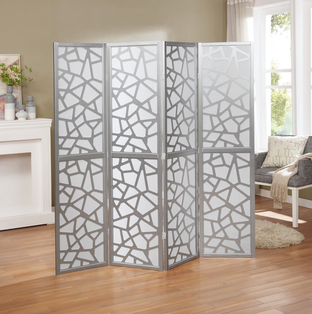 4 Panel Silver Room Divider Screen, Modern Folding Privacy Partition