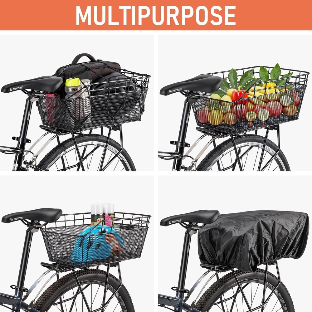 Versatile Iron Bicycle Rear Basket with Adjustable Cargo Net - Easy Installation