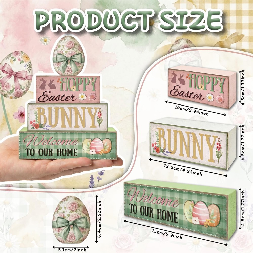 Easter Decorations, 4Pcs Wooden Easter Table Decorations, Easter Egg Tiered Tray