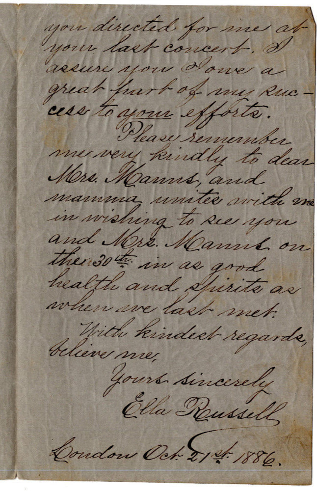 Ella Russell Signed Letter 1886 / Autographed Opera Singer