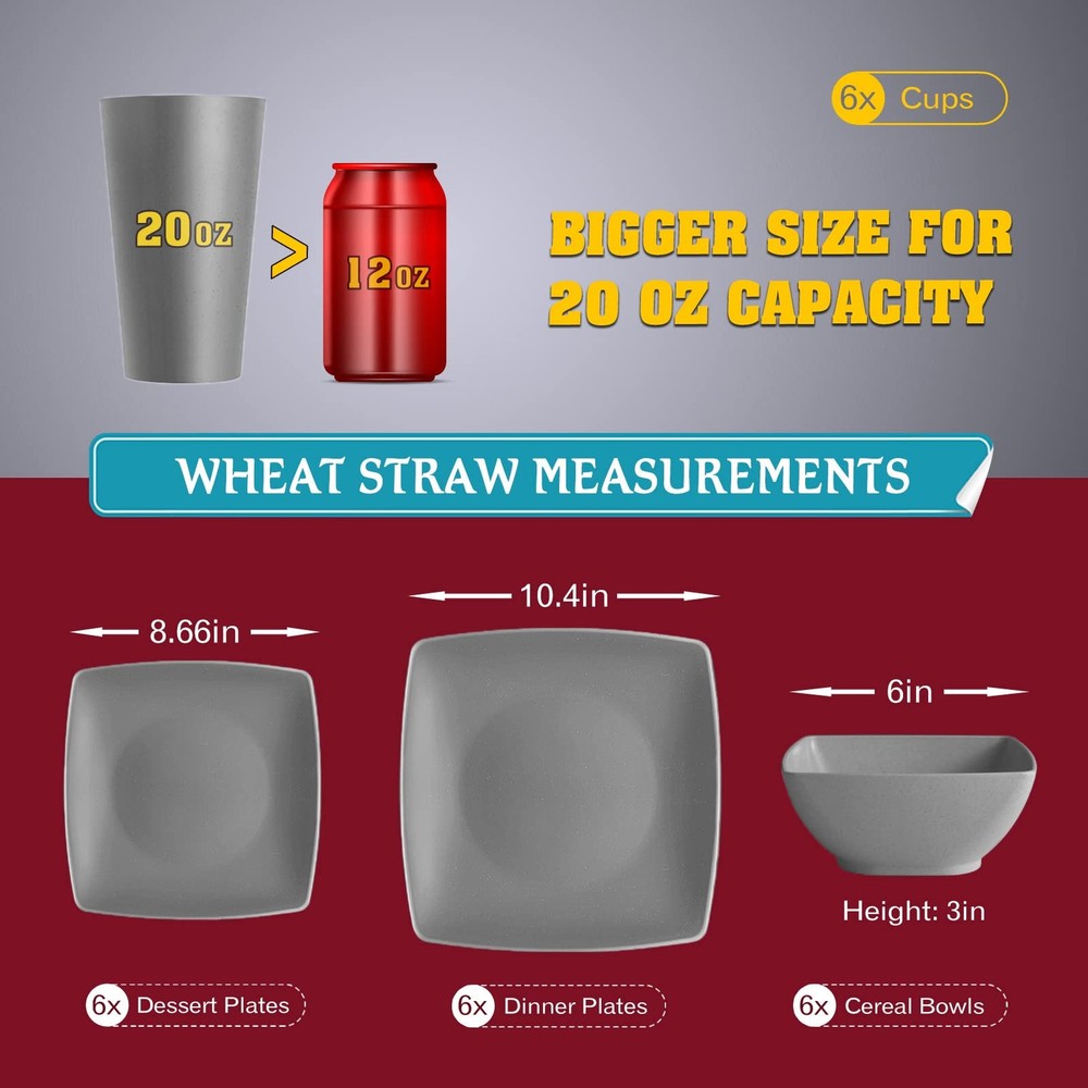 24-piece Plastic Wheat Straw Square Dinnerware Sets,for 6, Unbreakable Dinner...