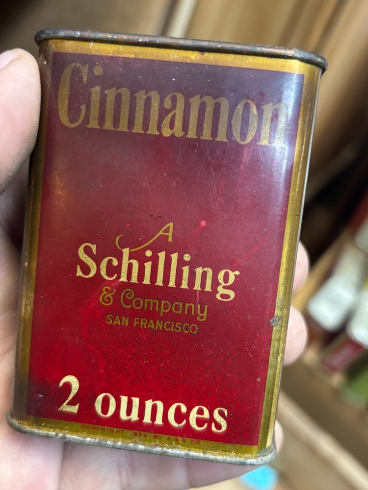 Schilling Brand Vintage 1933 Cinnamon Spice Tin. Full.